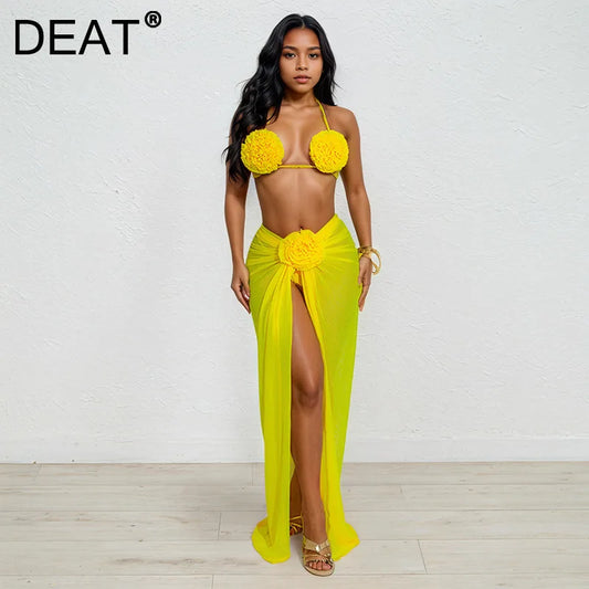 Conjunto novo de 3 peças DEAT Moda Maiô Halter Costas Descobertas Para Mulheres Praia Férias Bikini com Laço Flor 3D Feminino 33A4132