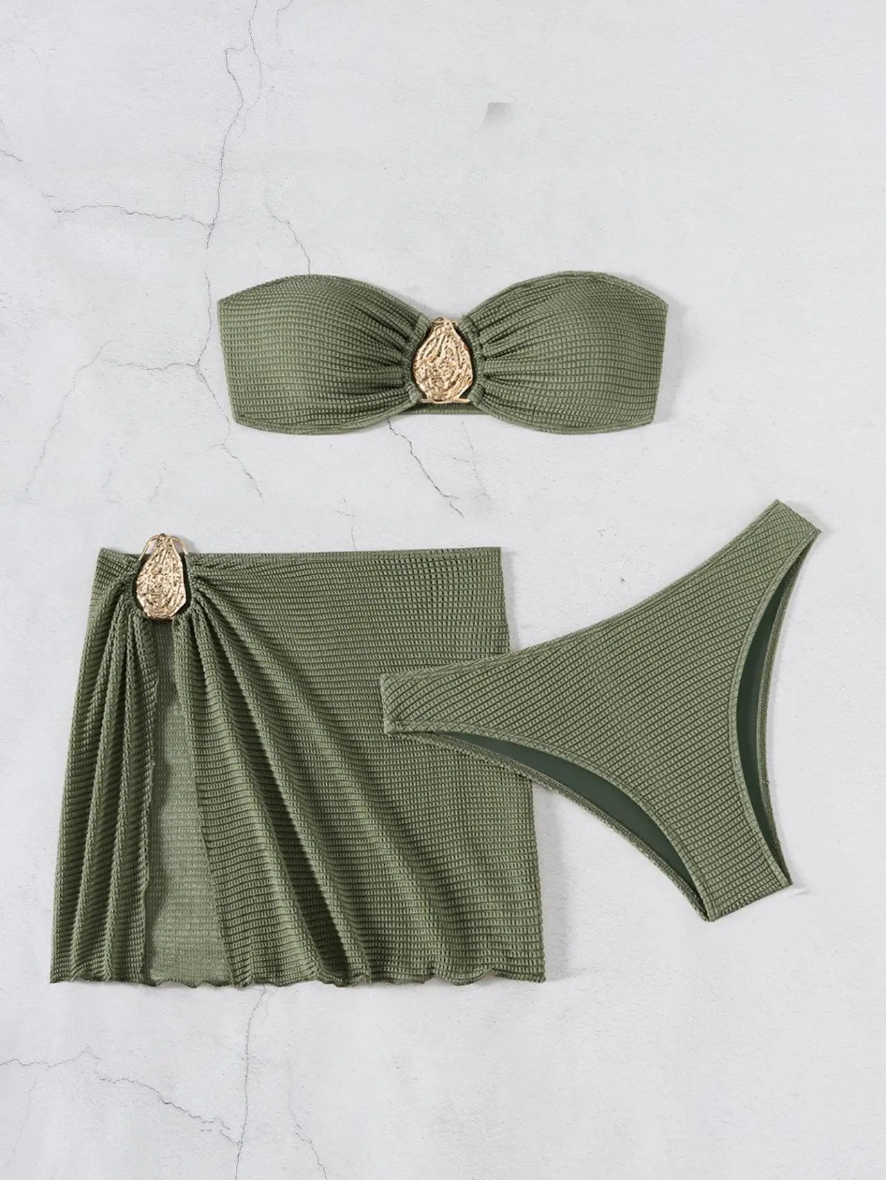 Biquíni Bandeau Sexy para Mulheres com ornamento de gota d'água de metal, blusa com bojo, saia de malha, traje de banho de 3 peças para praia