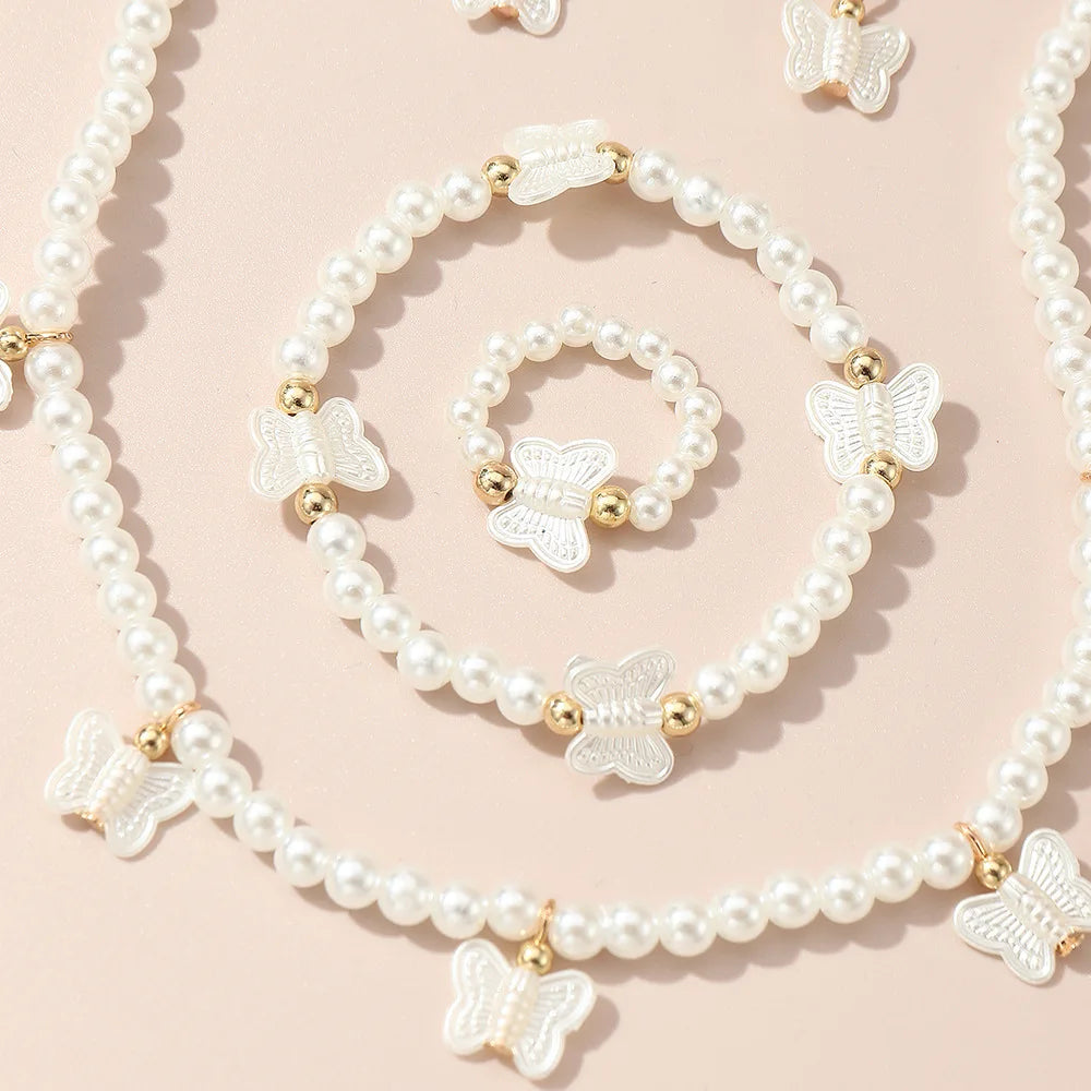 Joias de Pérolas Altas Francesas para Crianças - Conjunto Luxuoso Leve com Design de Nicho: Colar, Pulseira, Anel e Brincos