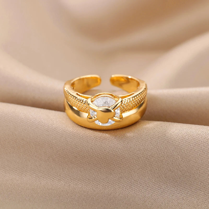Anéis Abertos de Coração de Zircônia para Mulheres Amantes Cor Dourada em Aço Inoxidável Anel de Noivado de Casamento Joia para o Dedo Feminino Presente 2024 Novo