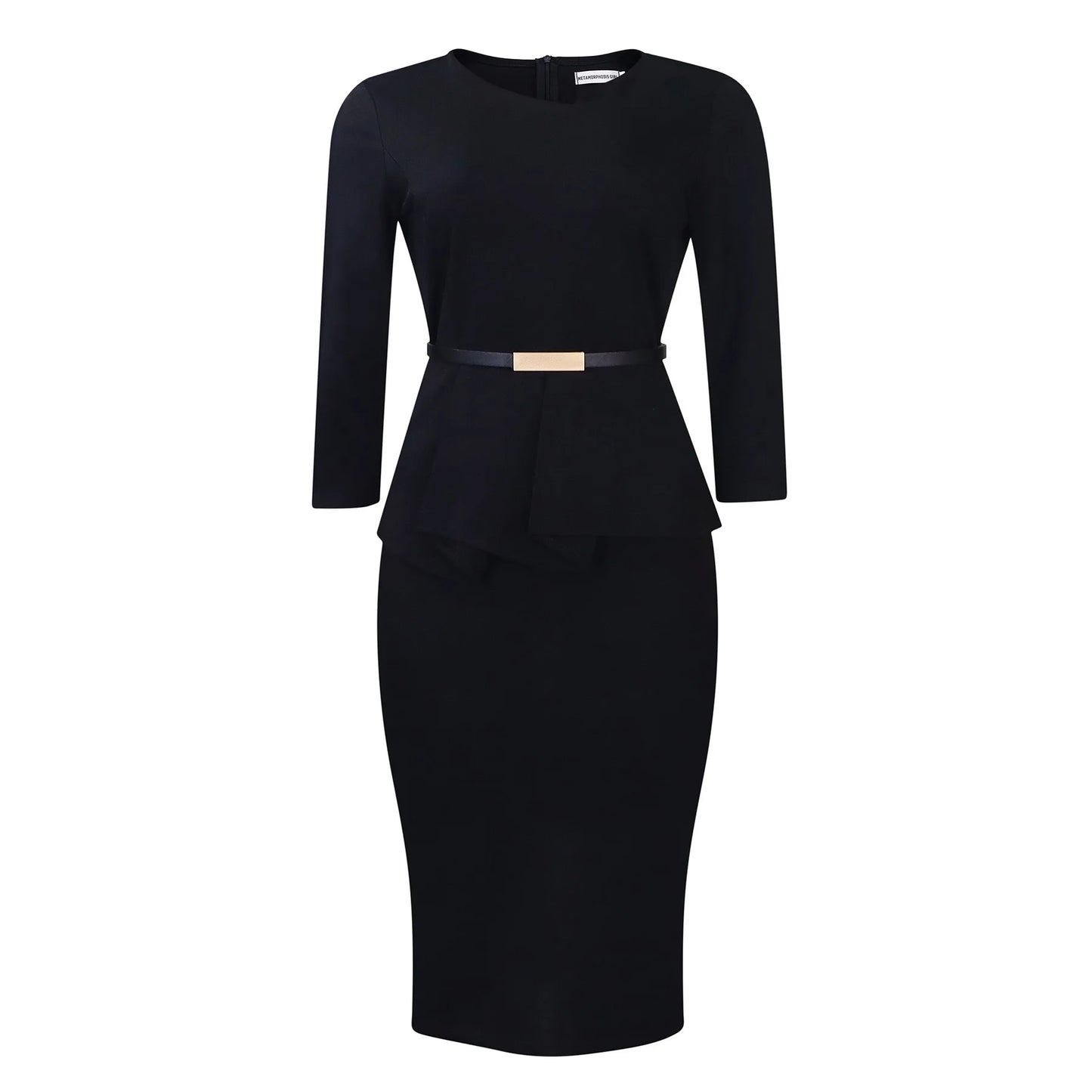 Vestido Formal para o Trabalho Feminino com Gola Assimétrica, Mangas Três Quartos, Cintura com Cinto, Silhueta Justa com Pacote de Quadris até a Panturrilha