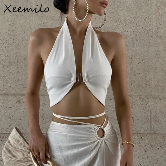 Top Crop Sem Mangas Off Shoulder Halter Sexy Mery Elegante Sem Alças Costas Expostas Slim Skinny Verão para Festas de Rua Feminino