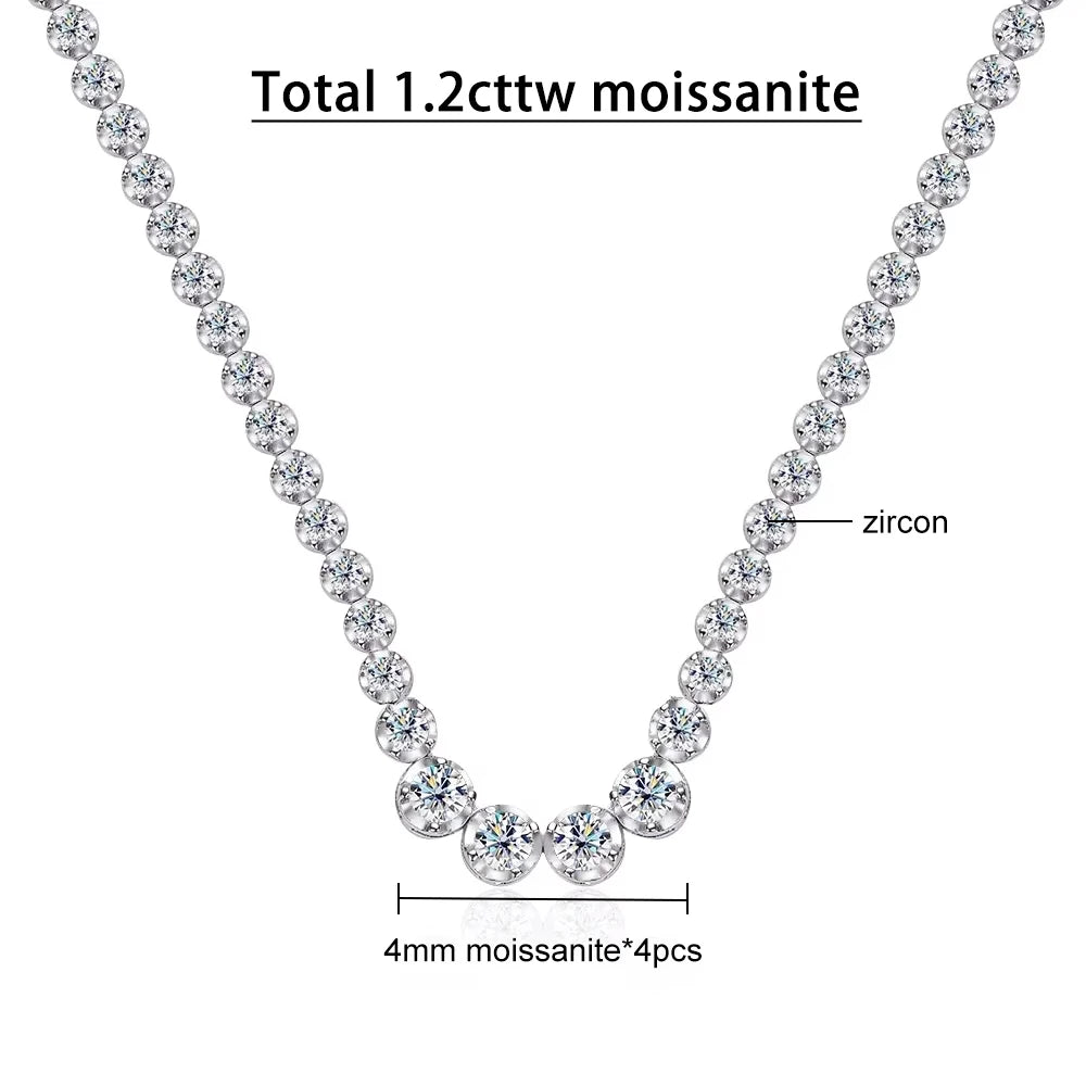 Colar de Tênis Moissanite 1.2ct para Mulheres com Certificado, Original 925 Prata Esterlina, Joia de Corrente Clavicular, Presente de Diamante