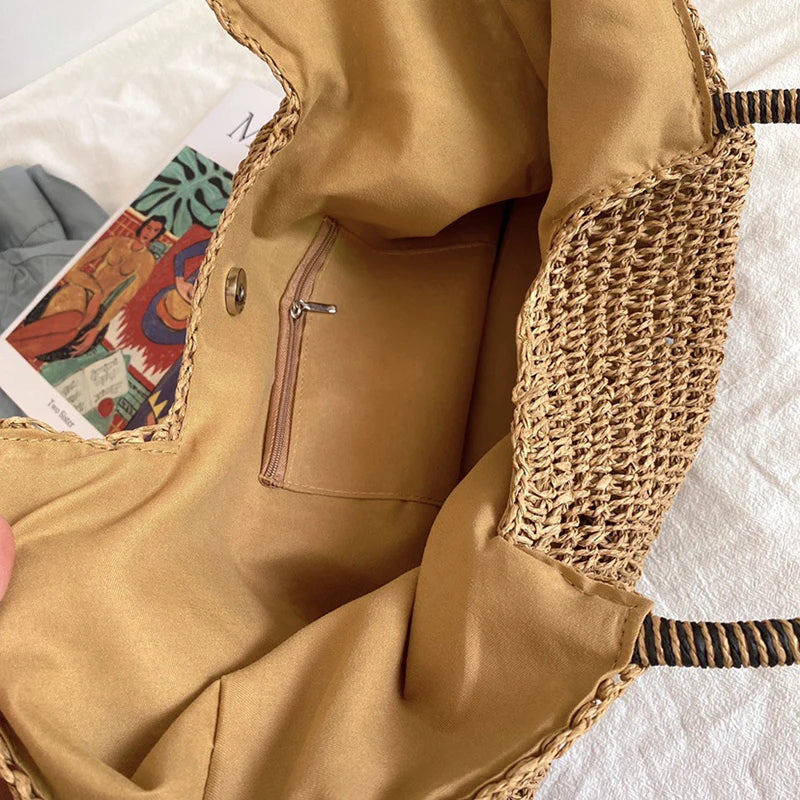 Women Beach Vintage Handmade Woven Shoulder Bag Raffia Rattan Shopping Bags Bohemian Ladies Summer Travel Vacation Casual Totes