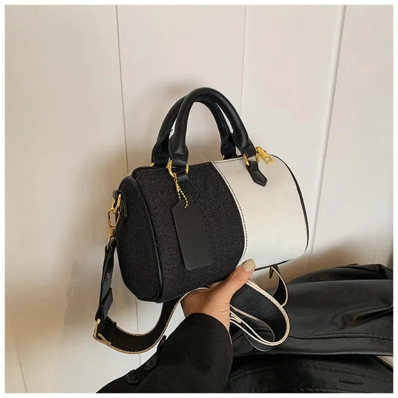 Cross Body Bags Casual Street Small Boston Bag 2025 Designer Purses Patchwork Colorblock Mini Handbags For Women Denim Shoulder