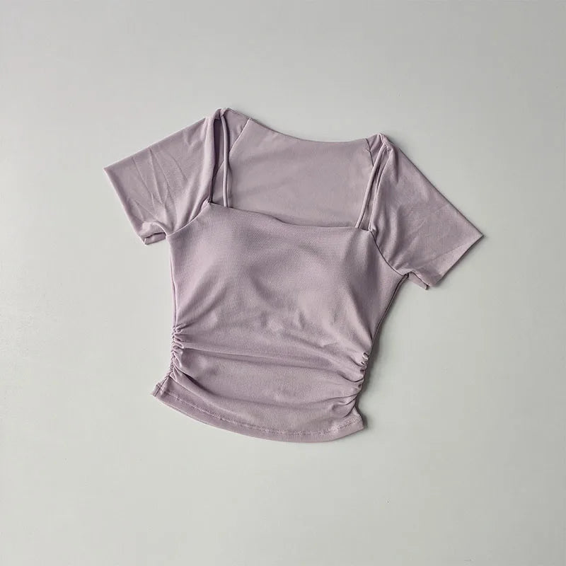 Vestido de Yoga Fake de Duas Peças de Verão com Almofada de Peito Fixa para Esportes, Manga Curta, Usando Top de Corrida e Fitness