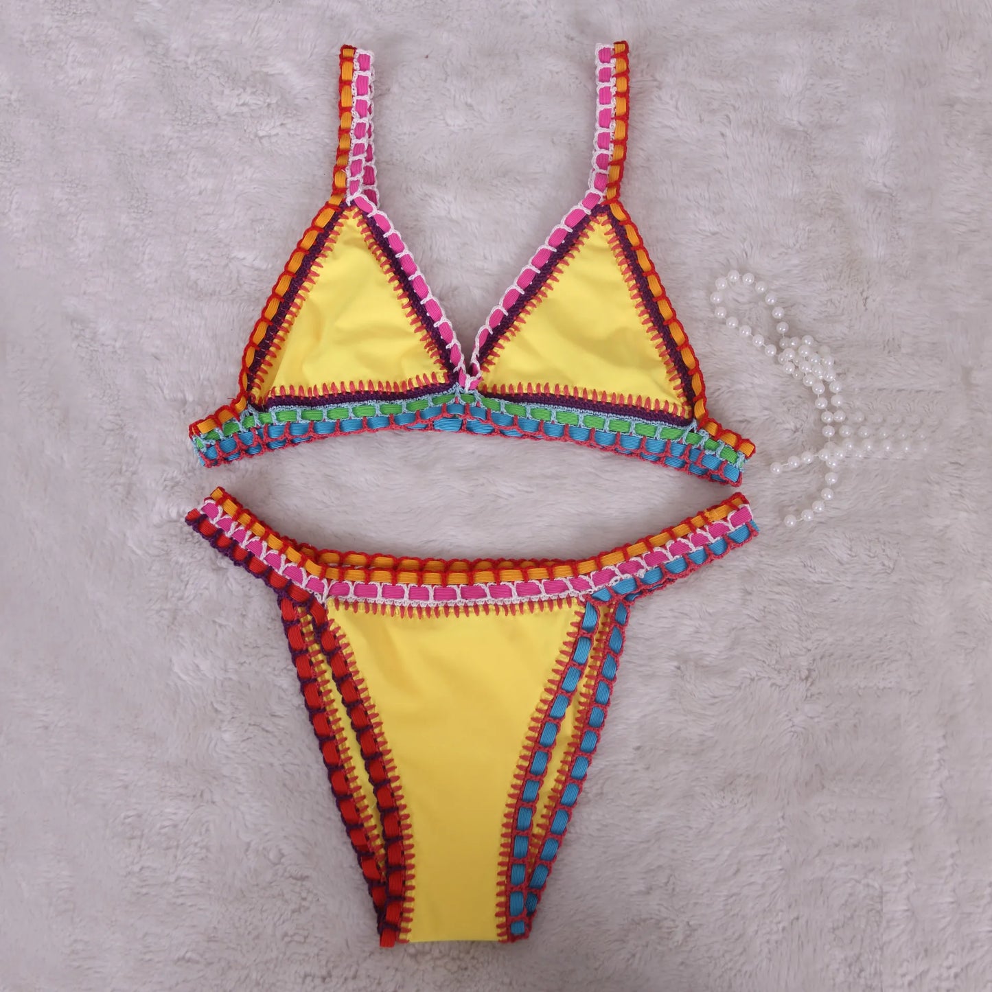 Biquíni de Crochê Rosa 2025 Moda Praia Sexy para Mulheres Conjunto de Biquíni Micro Biquíni com Top Bandeau Roupas de Praia Biquíni Brasileiro