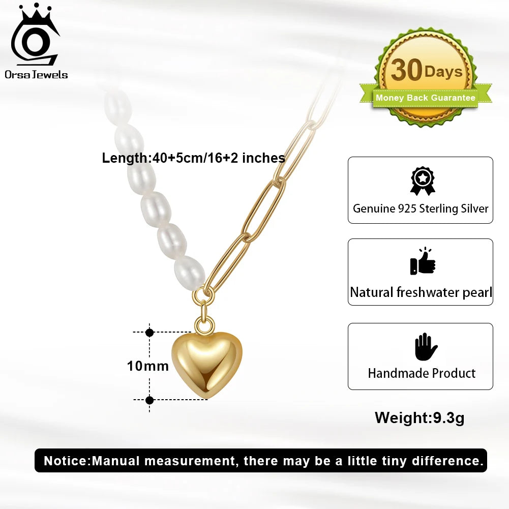 COLAR DE PEROLA NATURAL COM CORAÇÃO DE PENDENTE EM ELOS MEIA PAPERCLIP DE OURO 14K ORSA JEWELS PARA MULHERES E MENINAS GPN33