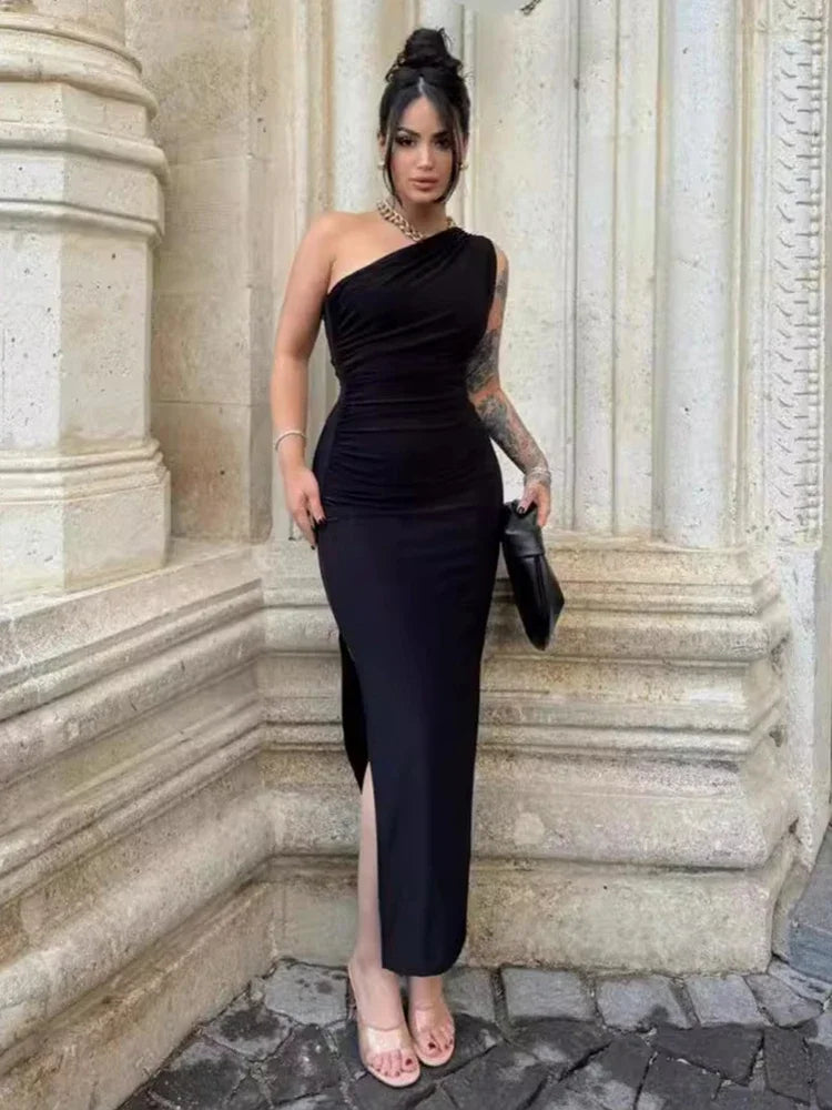 Vestido Maxi Feminino Preto de Verão, Moda Sexy, Fenda, Sem Mangas, Costas Nuas, Slimle Casual Club Elegant Lady Party Dress