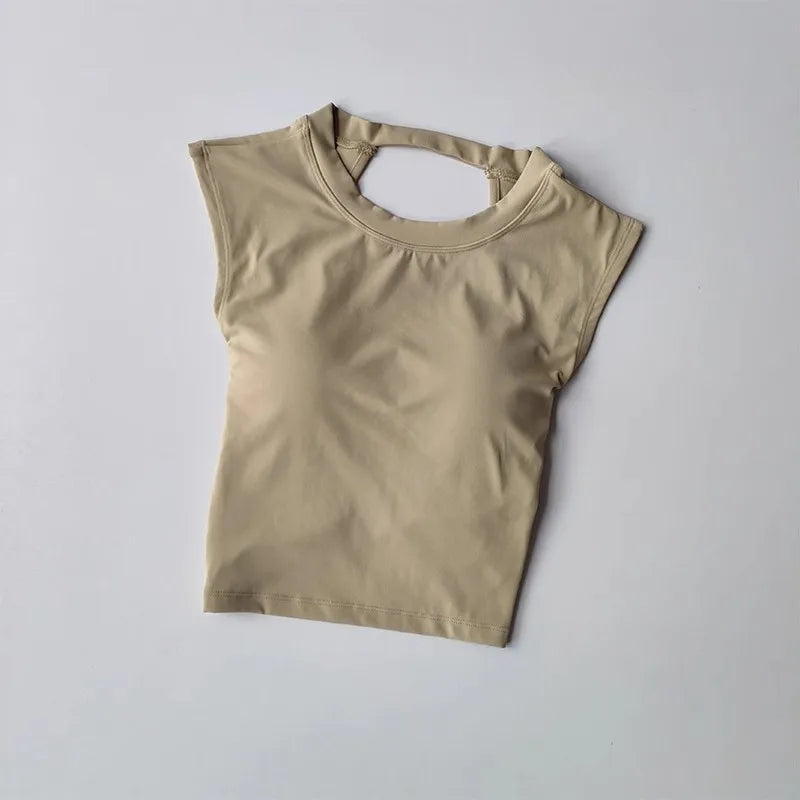 Camiseta esportiva sem costas, com almofada fixa no peito, justa, de secagem rápida, suit de yoga afinado para mulheres.