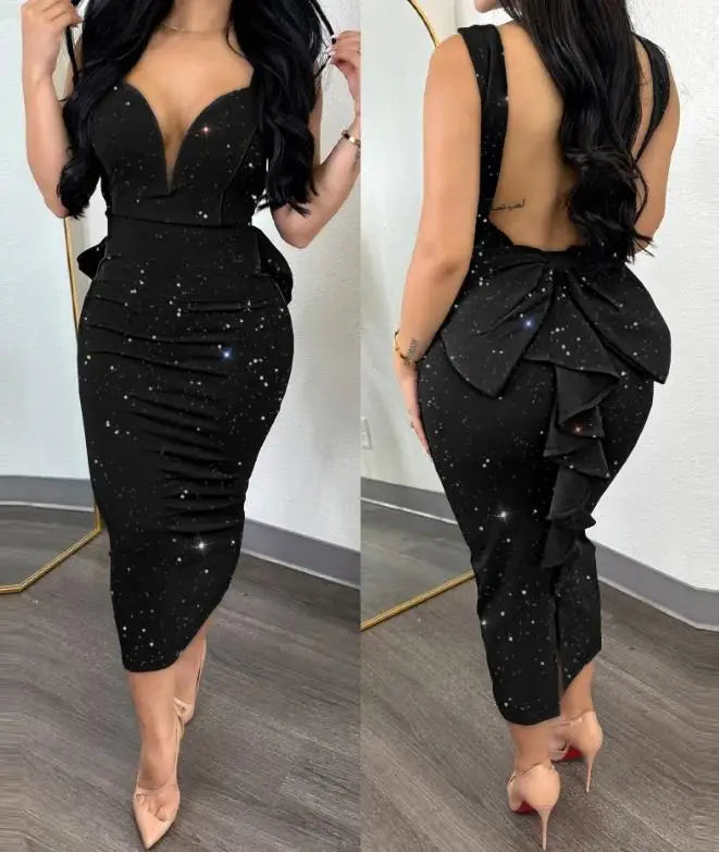 Vestidos Elegantes para Mulheres Vestido de Festa Sem Costas com Decote Sexy e Barra de Renda Moda Casual Primavera Verão Outono 2023