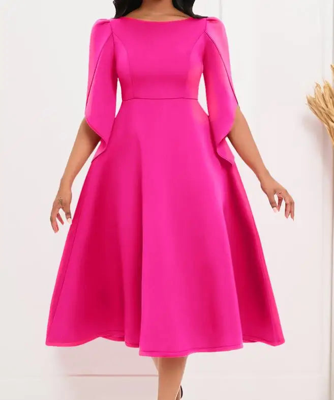 Vestido Feminino Elegante para Festa Vestidos de Verão em Cor Sólida Vestido de Noite com Decote Redondo Slim Vestido Feminino de Larga Amplitude com Comprimento Médio