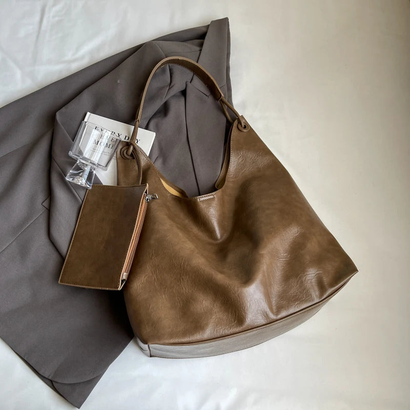 Burgundy 2-IN-1 Shoulder Tote Bags For Women Soft PU Leather Solid Color Large Capacity Shopping Hobo Bag With Coin Purse 2024