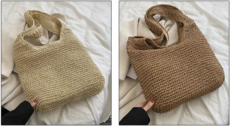 Women Beach Vintage Handmade Woven Shoulder Bag Raffia Rattan Shopping Bags Bohemian Ladies Summer Travel Vacation Casual Totes