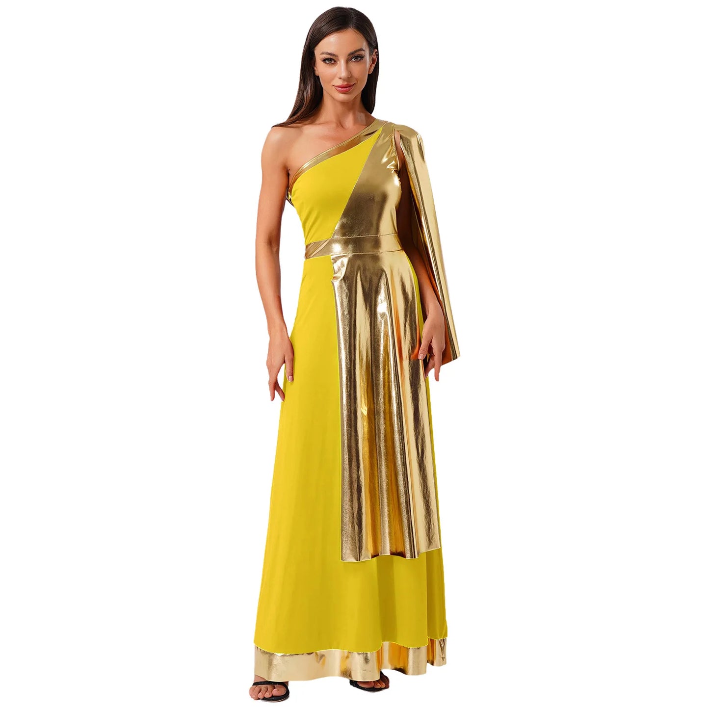 Vestido de Dança Lirica Cristã Feminina Fantasia de Halloween Vestido de Beleza Antiga Grega Romana Cosplay Túnica Tecido Metálico Brilhante Camada Toga