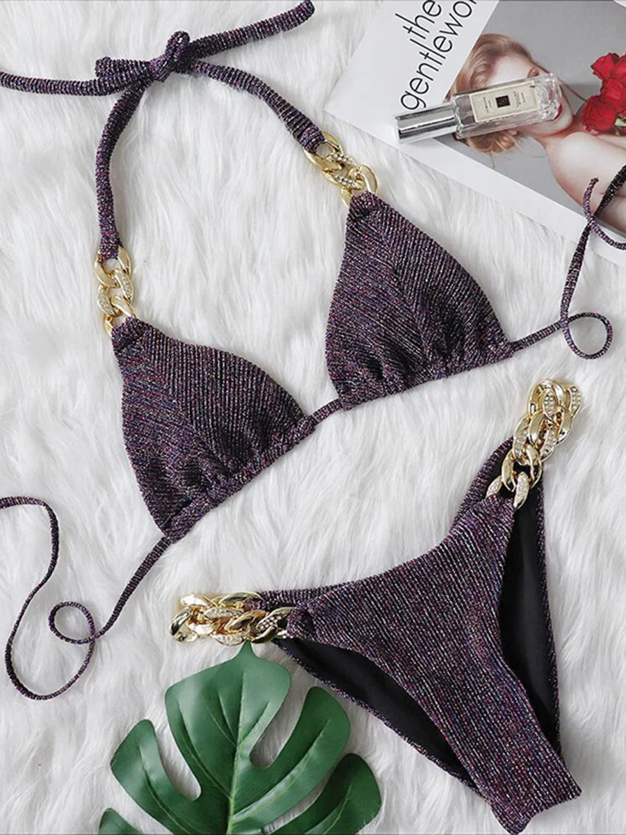 Biquíni de Cadeia de Halter com Diamante de Strass para Mulheres, Roupa de Banho Feminina, Conjunto de Biquíni com Duas Peças, Roupa de Banho Brasileira