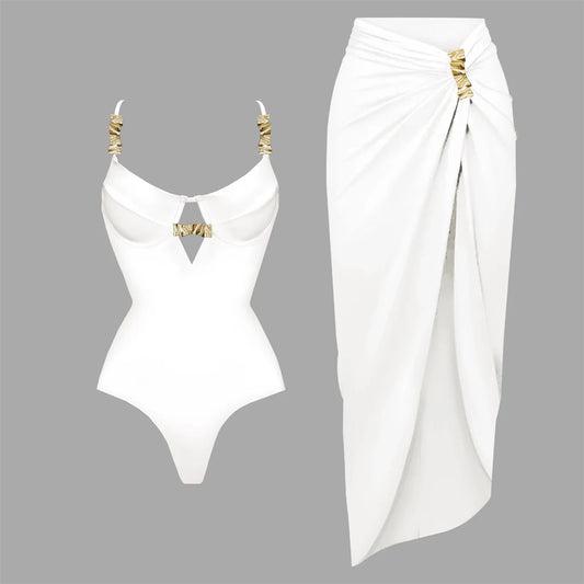 Biquíni Push Up 3 peças com Cobertura - Moda Praia Feminina, Roupa de Banho Sexy com Botão Brilhante, Maiô Biquíni