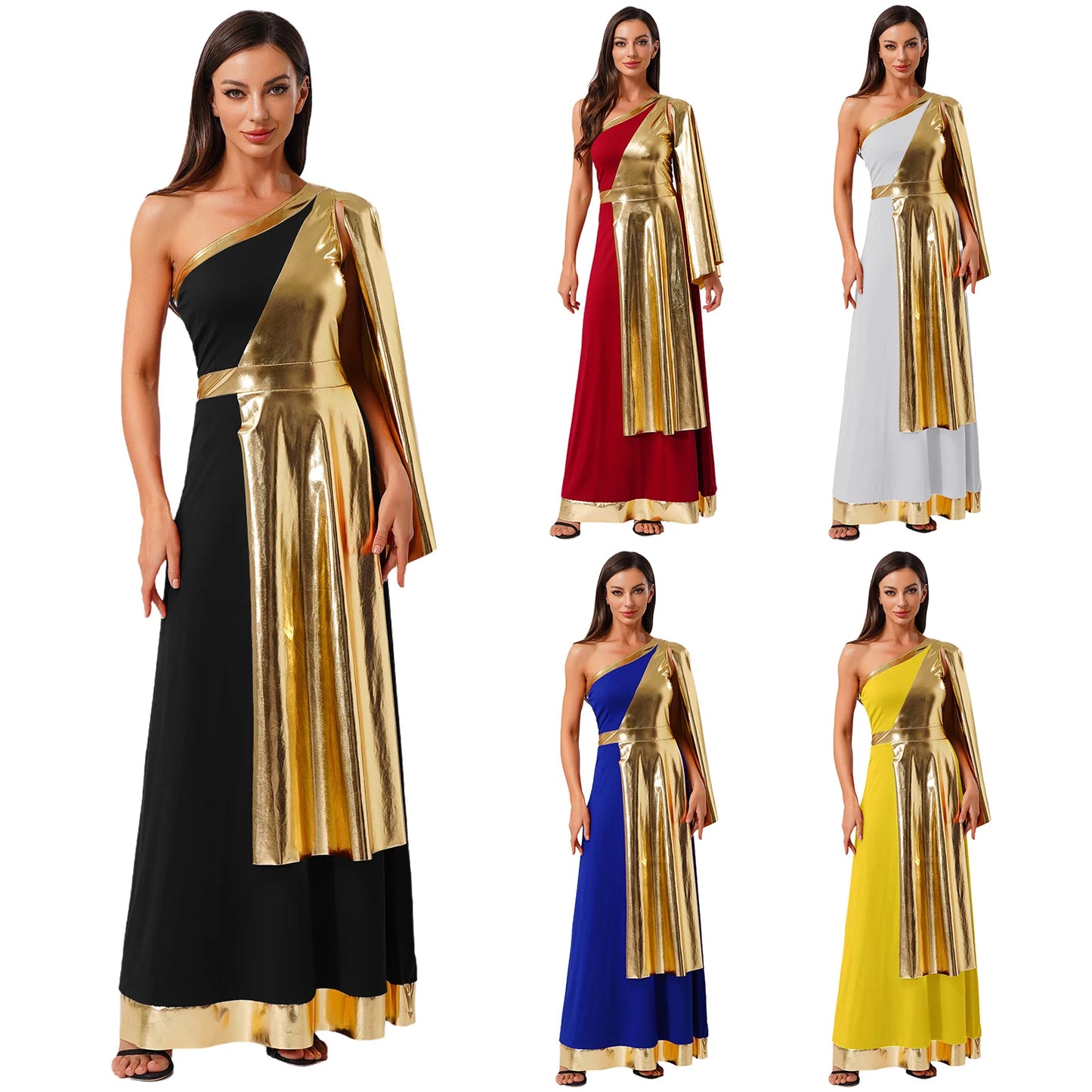 Vestido de Dança Lirica Cristã Feminina Fantasia de Halloween Vestido de Beleza Antiga Grega Romana Cosplay Túnica Tecido Metálico Brilhante Camada Toga