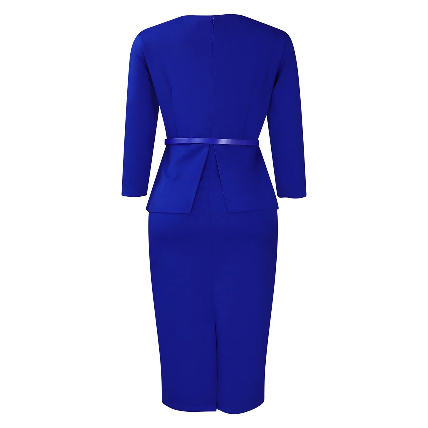 Vestido Formal para o Trabalho Feminino com Gola Assimétrica, Mangas Três Quartos, Cintura com Cinto, Silhueta Justa com Pacote de Quadris até a Panturrilha