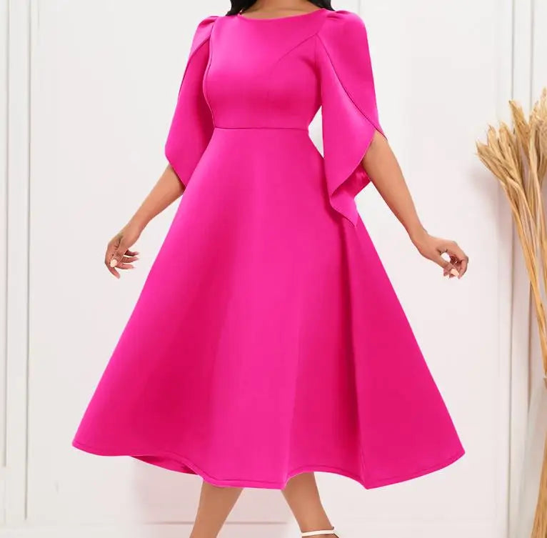 Vestido Feminino Elegante para Festa Vestidos de Verão em Cor Sólida Vestido de Noite com Decote Redondo Slim Vestido Feminino de Larga Amplitude com Comprimento Médio