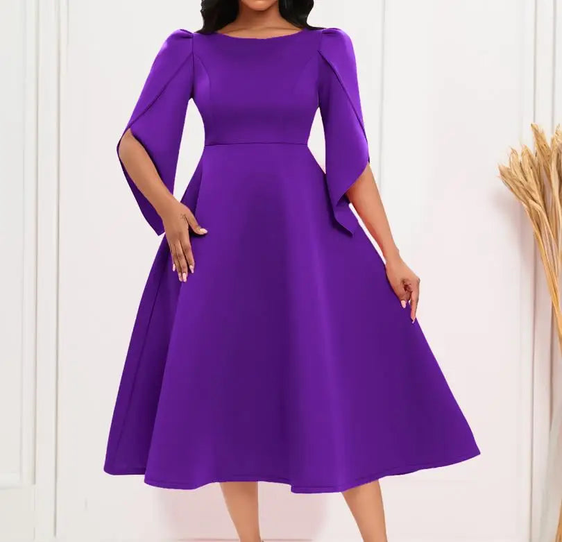 Vestido Feminino Elegante para Festa Vestidos de Verão em Cor Sólida Vestido de Noite com Decote Redondo Slim Vestido Feminino de Larga Amplitude com Comprimento Médio