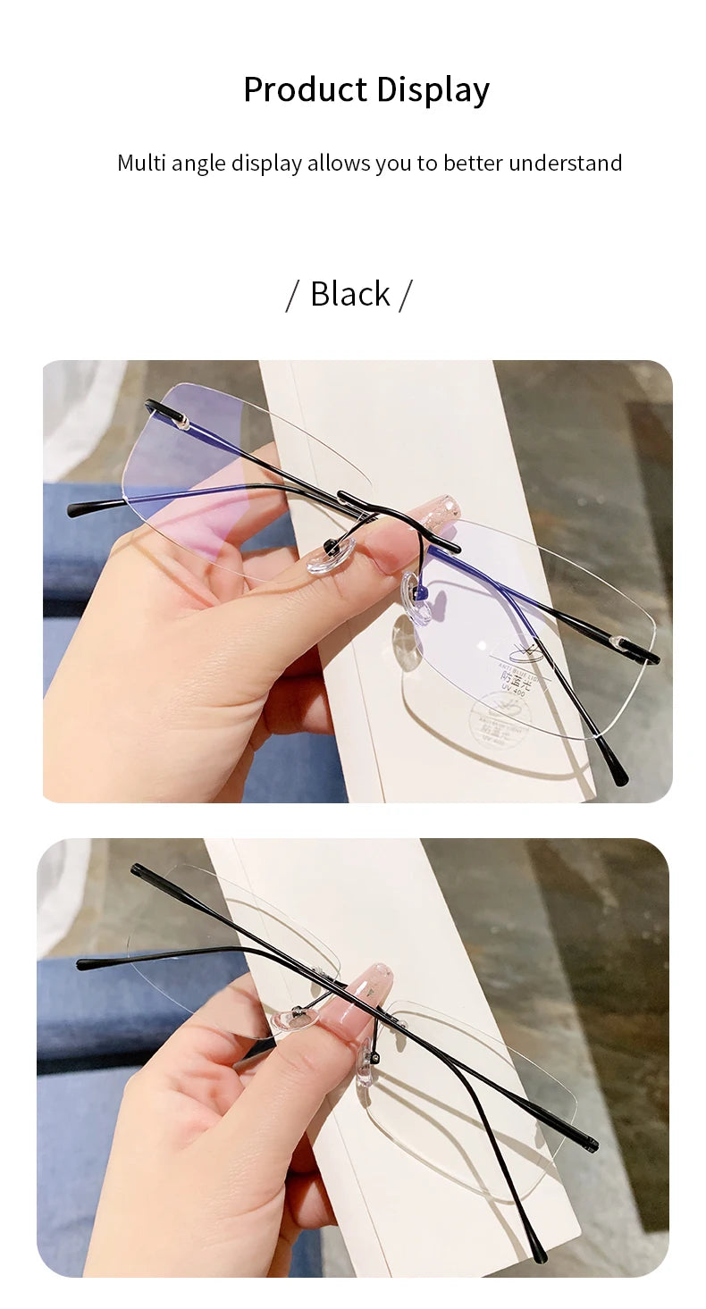 Óculos de leitura sem aro para homens, azul, com proteção contra luz azul, armação de metal, óculos de computador, lentes ópticas CR39 com receita.