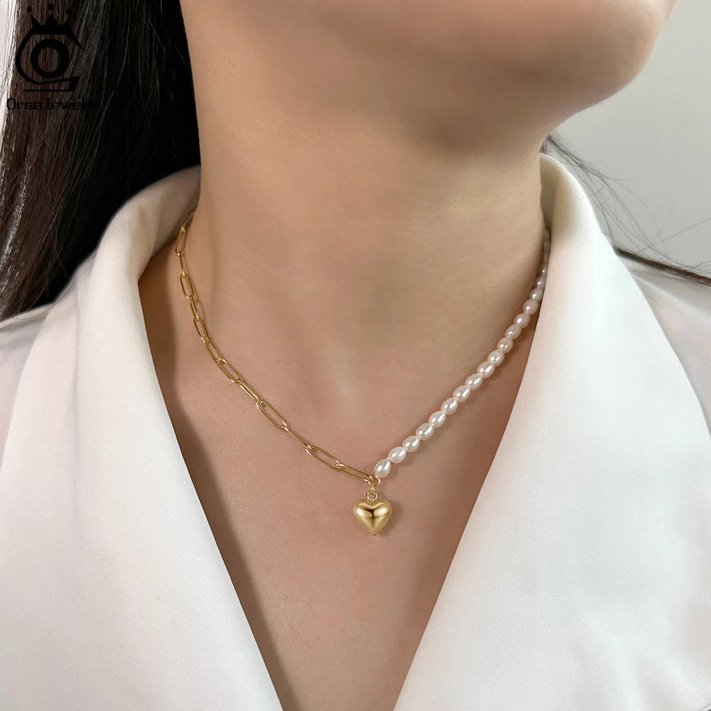 COLAR DE PEROLA NATURAL COM CORAÇÃO DE PENDENTE EM ELOS MEIA PAPERCLIP DE OURO 14K ORSA JEWELS PARA MULHERES E MENINAS GPN33
