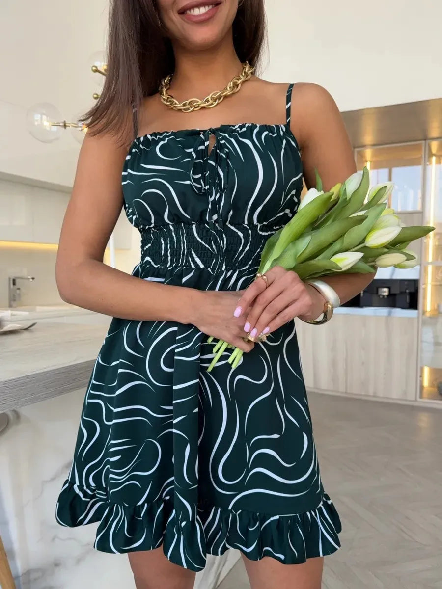 Novo Vestido Feminino de Verão Estampado com Amarração, Vestidos Sem Manga, Vestidos Florais, Vestidos Casuais, Vestidos Elegantes, Roupas Femininas 2025