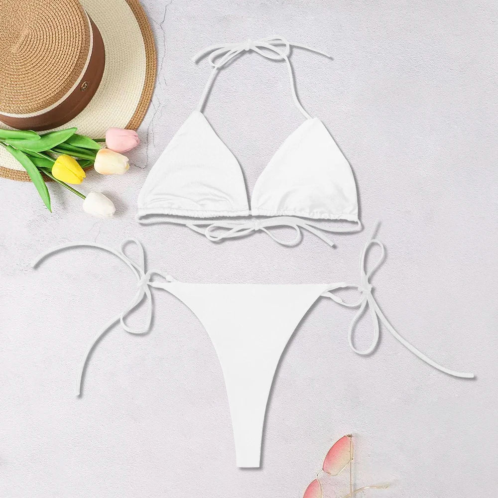 Biquíni sexy de triângulo sem costas, com alças ajustáveis, de cor sólida e separado, para praia, feminino, 2025