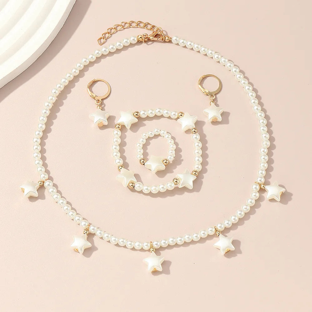 Joias de Pérolas Altas Francesas para Crianças - Conjunto Luxuoso Leve com Design de Nicho: Colar, Pulseira, Anel e Brincos