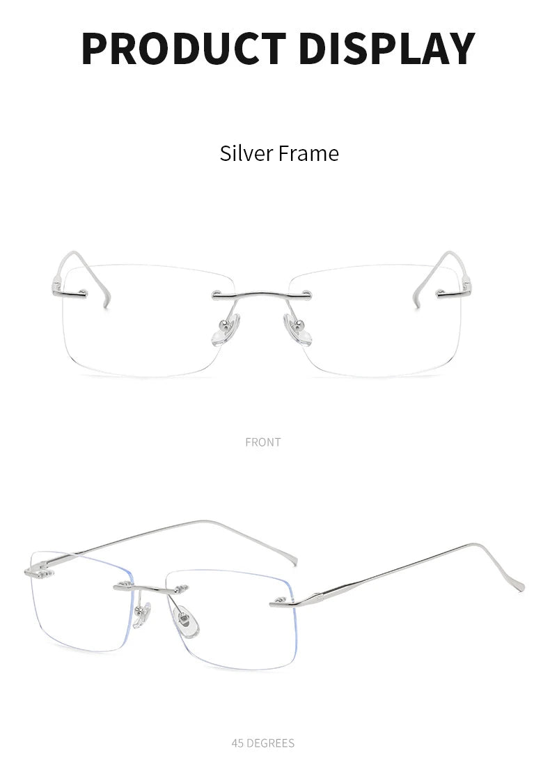 Óculos de leitura sem aro para homens, azul, com proteção contra luz azul, armação de metal, óculos de computador, lentes ópticas CR39 com receita.
