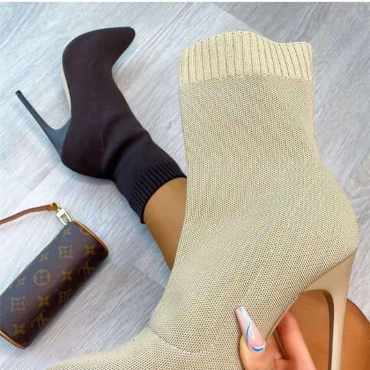 Botas de cano curto para mulheres em tecido elástico de luxo, botas de salto alto para dançarinas exóticas, stilettos femininos, bota de bico fino para outono e inverno.