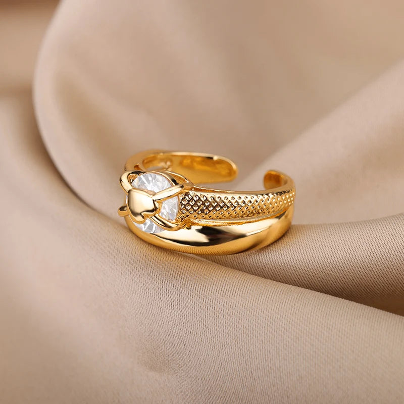 Anéis Abertos de Coração de Zircônia para Mulheres Amantes Cor Dourada em Aço Inoxidável Anel de Noivado de Casamento Joia para o Dedo Feminino Presente 2024 Novo