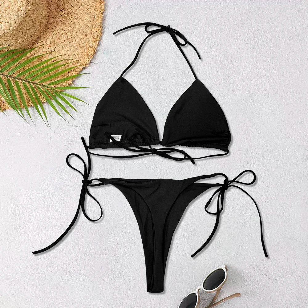 Biquíni sexy de triângulo sem costas, com alças ajustáveis, de cor sólida e separado, para praia, feminino, 2025