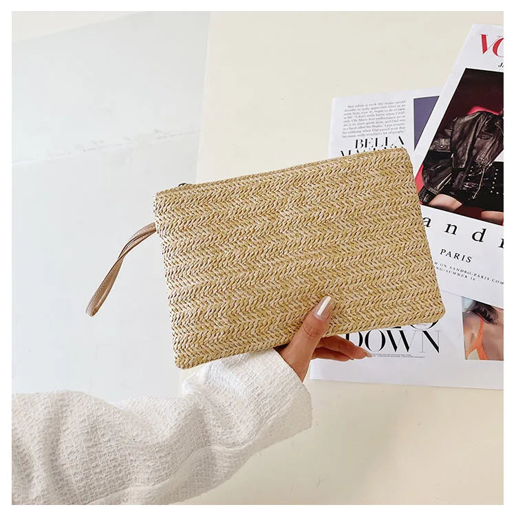 Weaving Bag Fashion Ladies Wristlet Clutch Women Daily Money Phone Clutch Solid Straw Woven Coin Purse Beach Wallet Card Holder