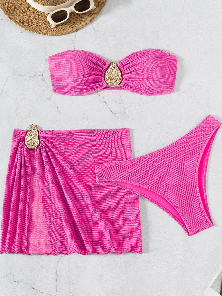 Biquíni Bandeau Sexy para Mulheres com ornamento de gota d'água de metal, blusa com bojo, saia de malha, traje de banho de 3 peças para praia