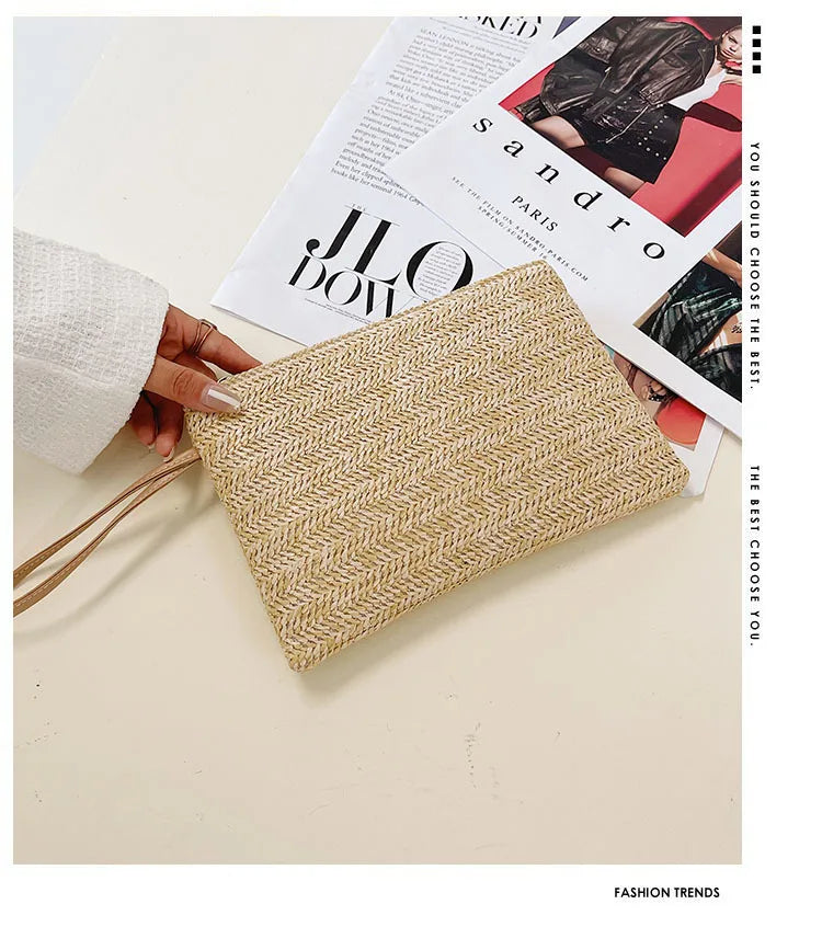 Weaving Bag Fashion Ladies Wristlet Clutch Women Daily Money Phone Clutch Solid Straw Woven Coin Purse Beach Wallet Card Holder