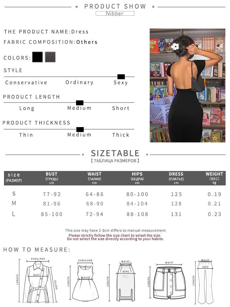 Vestido Maxi Nibber Sólido Sexy Sem Costas para Mulheres - Elegante, Elástico, Slim, Manga Curta, Vestidos Longos, Bodycon Feminino, Roupas de Streetwear