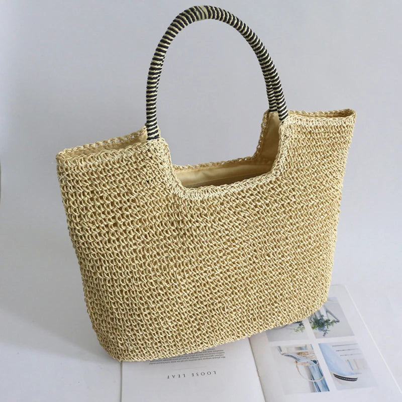 Women Beach Vintage Handmade Woven Shoulder Bag Raffia Rattan Shopping Bags Bohemian Ladies Summer Travel Vacation Casual Totes