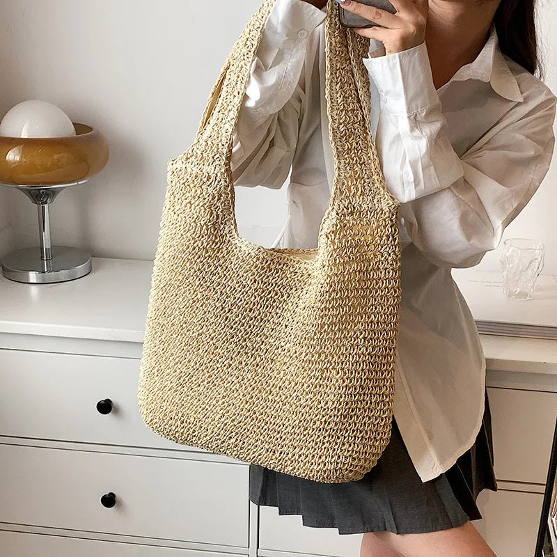 Women Beach Vintage Handmade Woven Shoulder Bag Raffia Rattan Shopping Bags Bohemian Ladies Summer Travel Vacation Casual Totes
