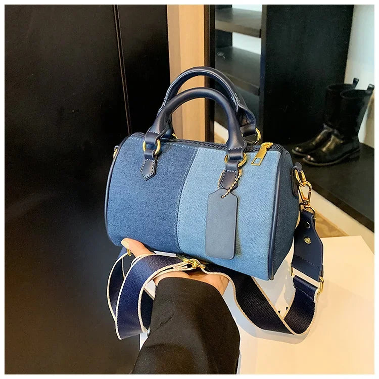 Cross Body Bags Casual Street Small Boston Bag 2025 Designer Purses Patchwork Colorblock Mini Handbags For Women Denim Shoulder