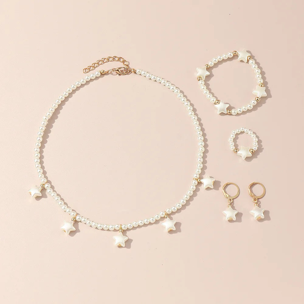 Joias de Pérolas Altas Francesas para Crianças - Conjunto Luxuoso Leve com Design de Nicho: Colar, Pulseira, Anel e Brincos