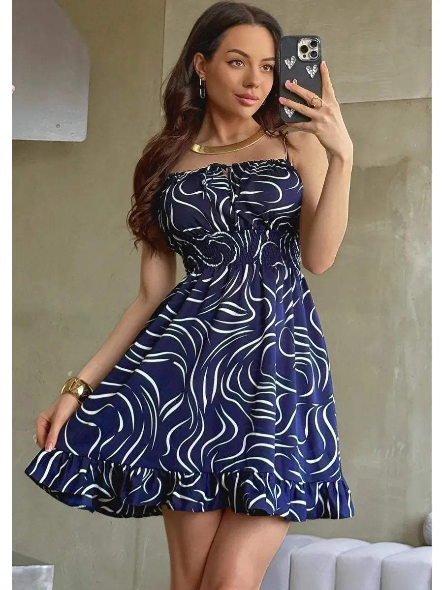 Novo Vestido Feminino de Verão Estampado com Amarração, Vestidos Sem Manga, Vestidos Florais, Vestidos Casuais, Vestidos Elegantes, Roupas Femininas 2025