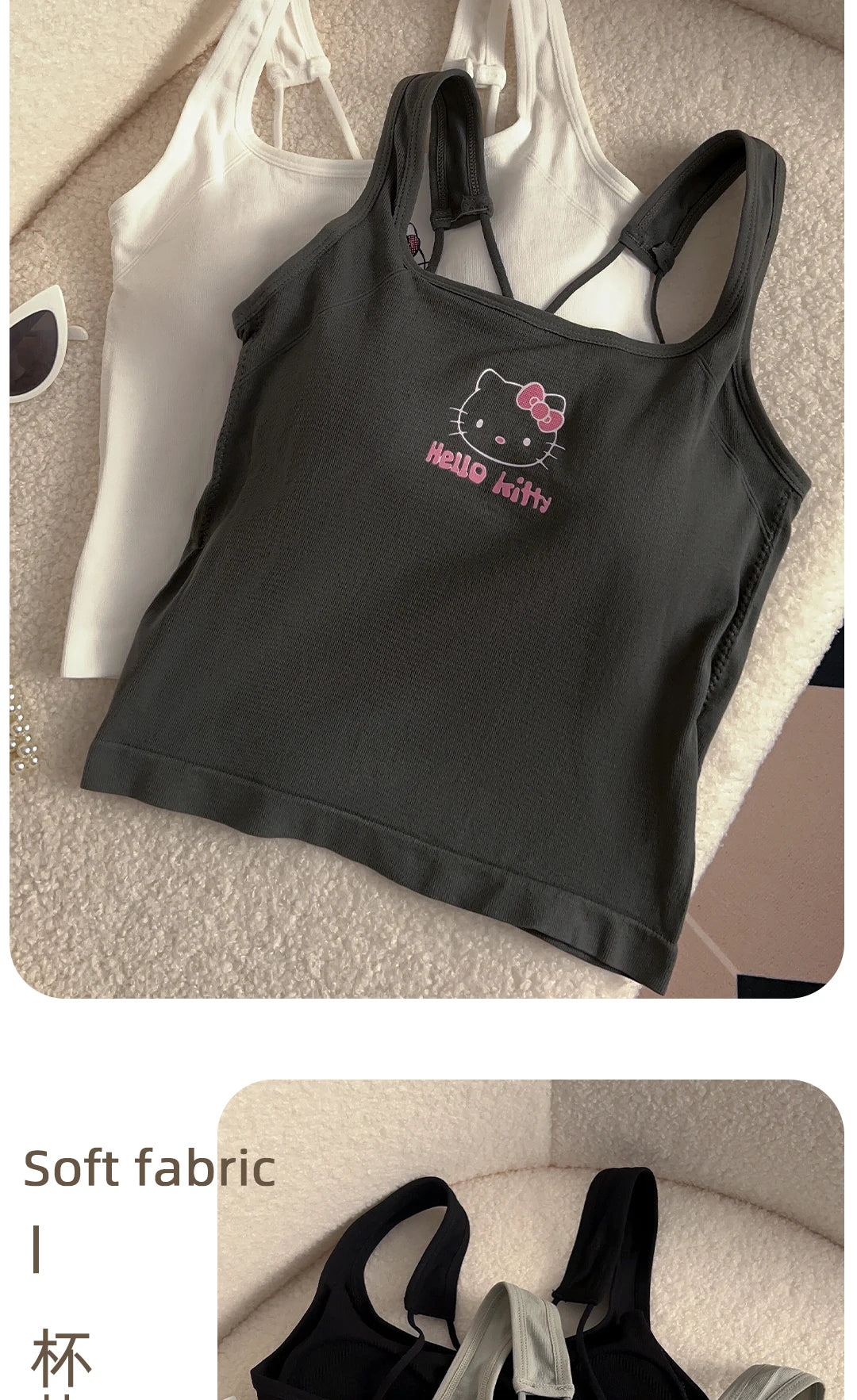 Sanrio HelloKitty Roupas de Moda Y2K Top com Almofada de Seio Top Bonito Para Meninas Verão Top Cropped Branco Sexy Suspensório Presente Para Menina