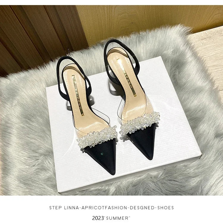 Sandálias de Verão para Mulheres Baotou 2024 Novas Sandálias de Salto Alto Fino Transparente de Bico Fino com Cristais Zapatillas Mujer