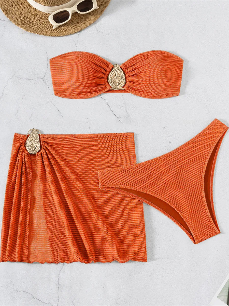 Biquíni Bandeau Sexy para Mulheres com ornamento de gota d'água de metal, blusa com bojo, saia de malha, traje de banho de 3 peças para praia