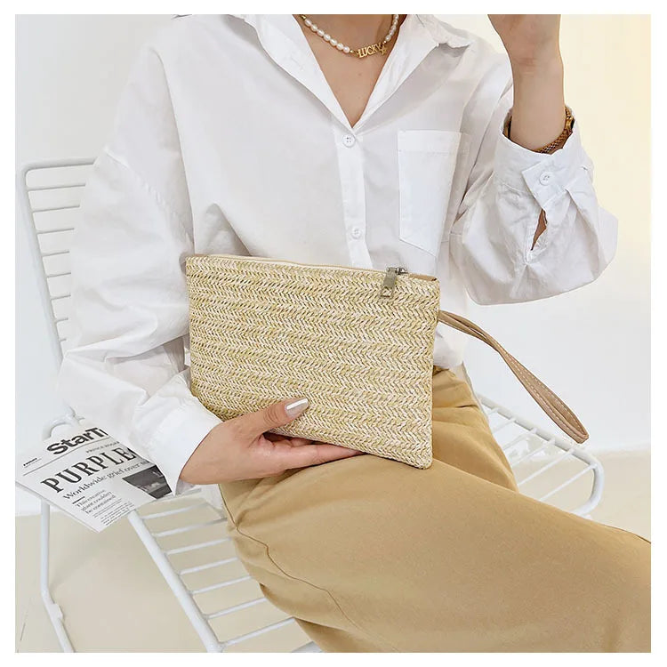 Weaving Bag Fashion Ladies Wristlet Clutch Women Daily Money Phone Clutch Solid Straw Woven Coin Purse Beach Wallet Card Holder