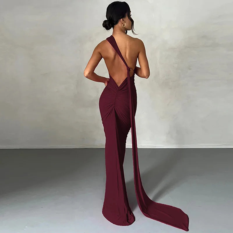 Vestido Longo de Cocktail Elegante Feminino para Festa, Costas Nuas, Abertura Costas, Com Pregas, Justo, Formal para Convidadas de Casamento